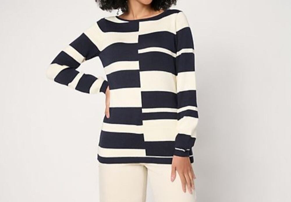 Susan Graver Size S Navy & Ivory Mixed Strip Intarsia Sweater A712445 NWOT